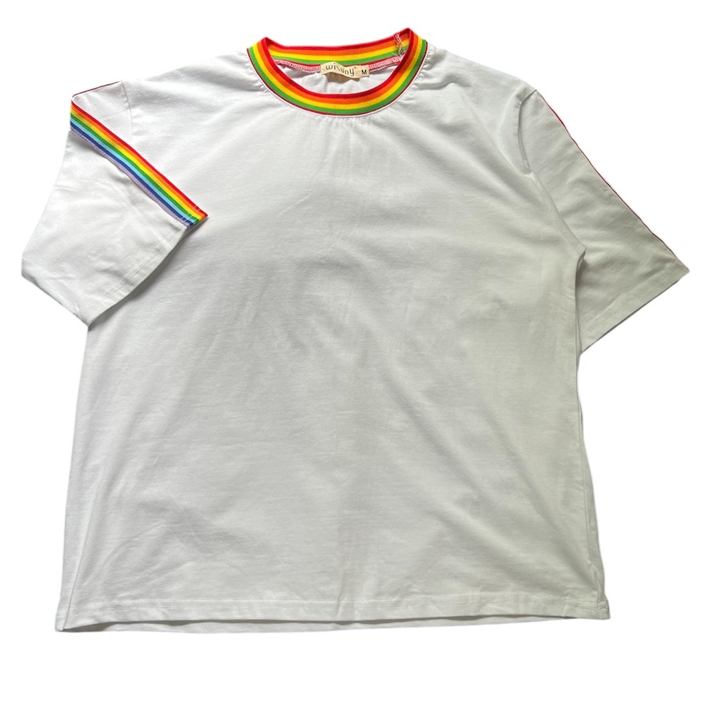 Retro Rainbow Trim White and Red Short Sleeve Tee